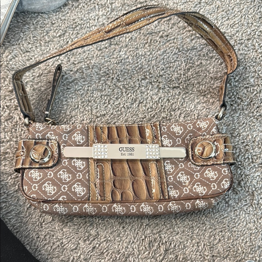 Guess Brown Shoulder Bag with Gold Accents